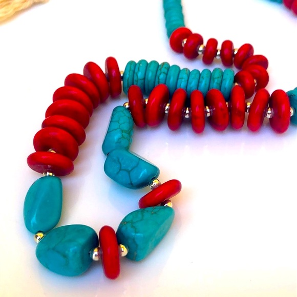 Boho Stabilized Turquoise And Coral Bead Twine Necklace - Picture 5 of 6